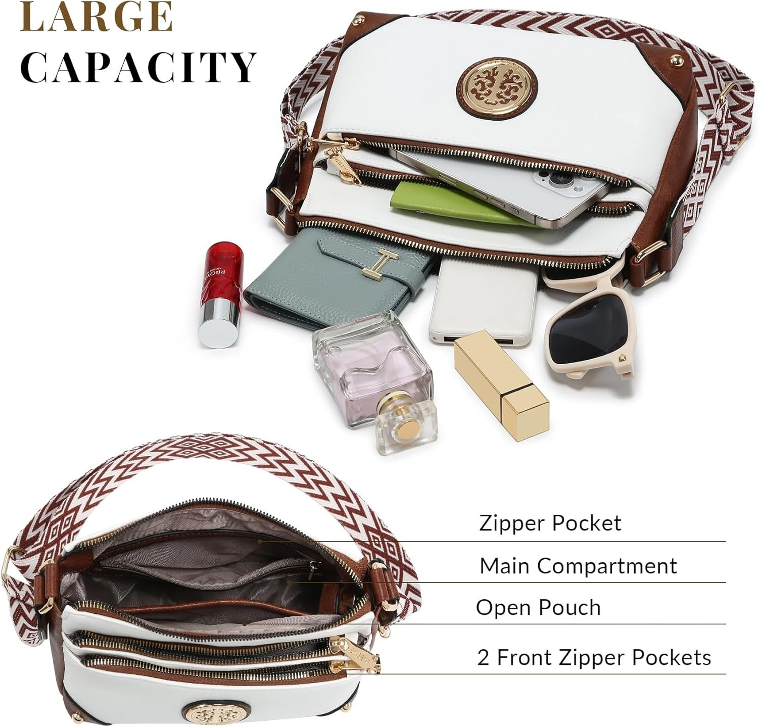 Crossbody Purses for Women Trendy Multi Pockets Shoulder Bag Medium Handbags with Guitar Strap