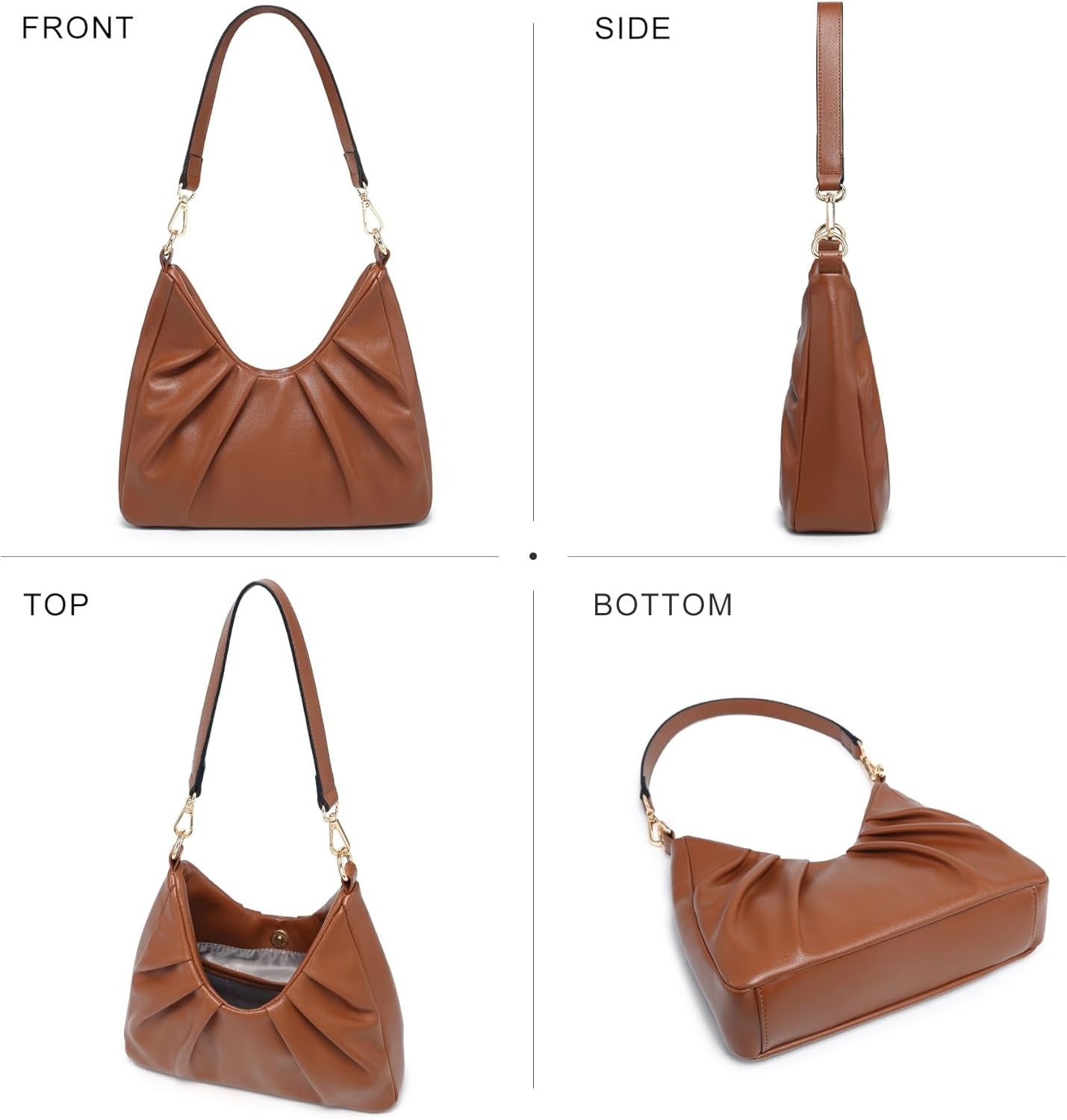 Ruched Hobo Handbag for Women Retro Shoulder Purse Crossbody Bag with 2 Removable Straps