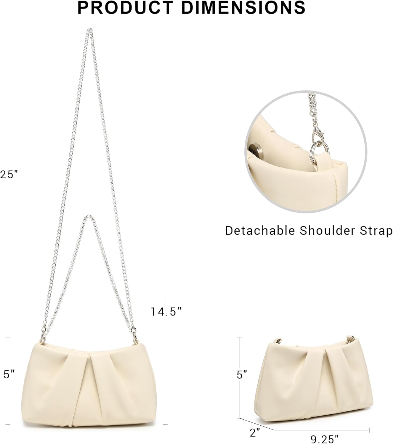 Elegant Pleated Evening Bag Soft Vegan Leather Clutch Purse Dressy Formal Handbag with 2 Chain Straps for Women