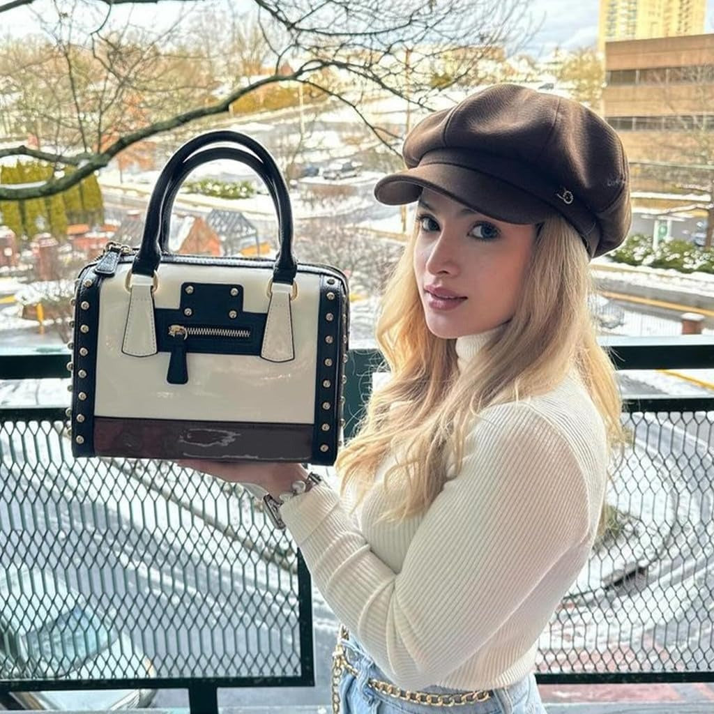 Women's Barrel Bag Shiny Patent Faux Leather Handbag with Rivet Decoration Top Handle Satchel Shoulder Purse