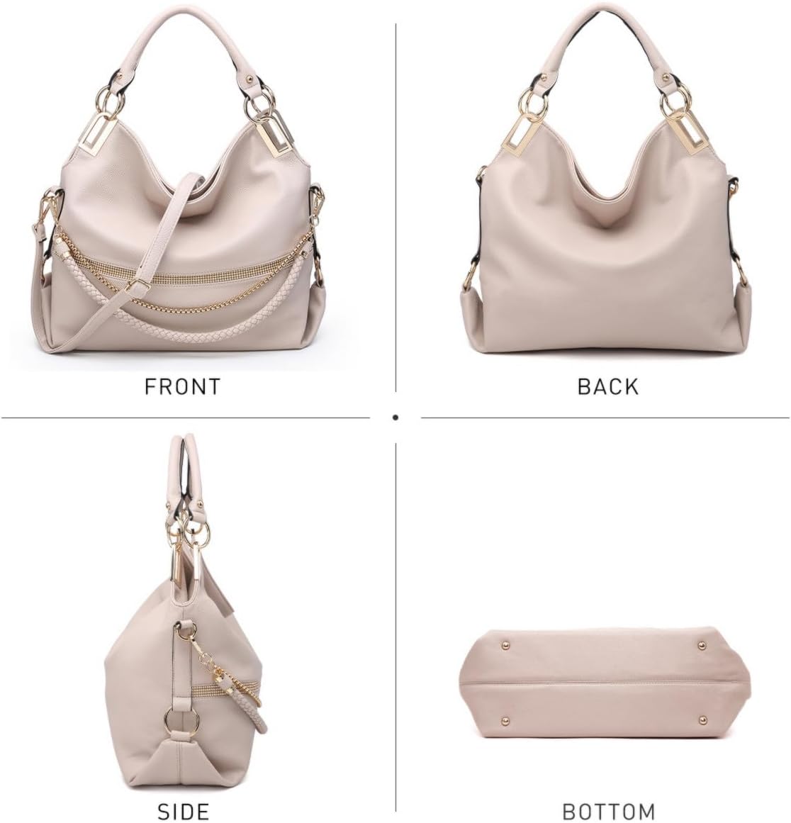 Women's Large Hobo Bag with Rhinestone Accents Vegan Leather Tote Purse Shoulder Handbag for Ladies