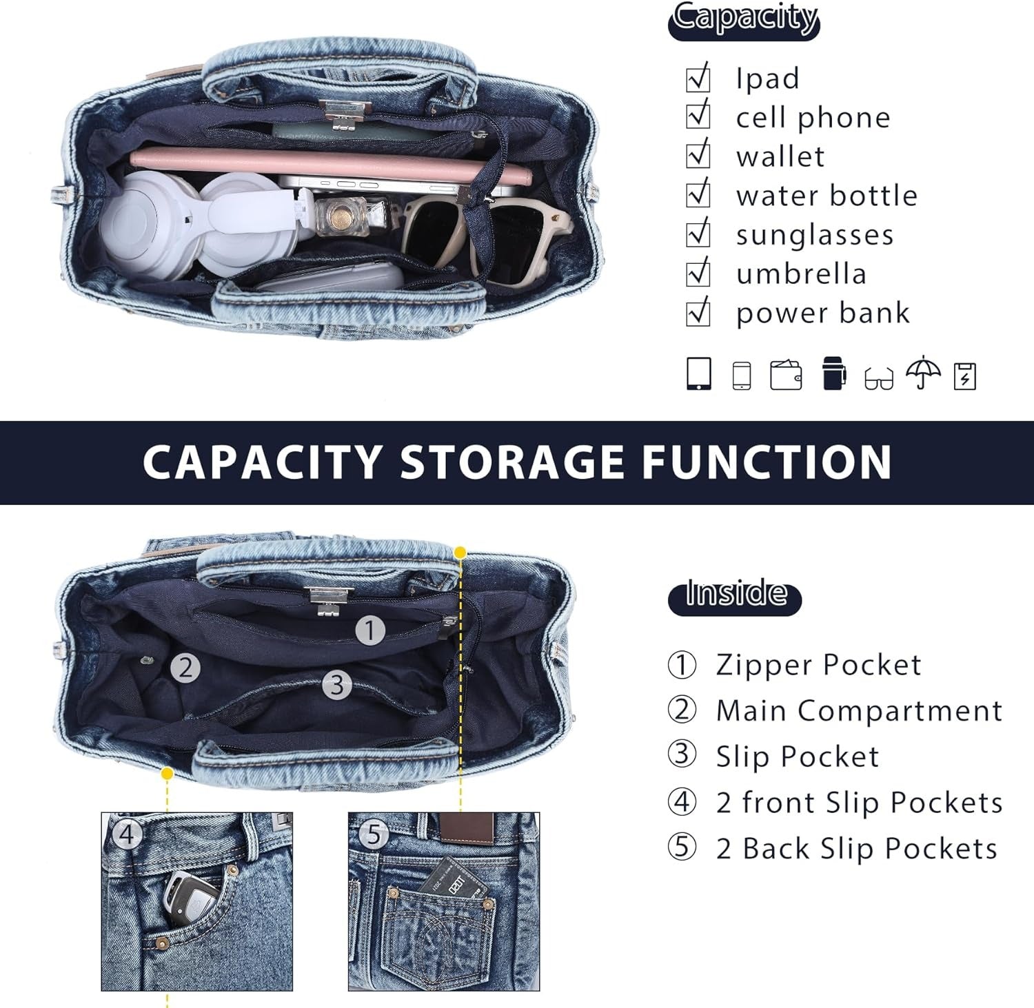 Trendy Denim Crossbody Bag Lightweight Satchel Shoulder Purse Handbag for Women w/Turn-Lock/Long Strap/Top Handle