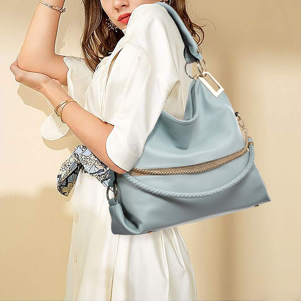 Women's Large Hobo Bag with Rhinestone Accents Vegan Leather Tote Purse Shoulder Handbag for Ladies