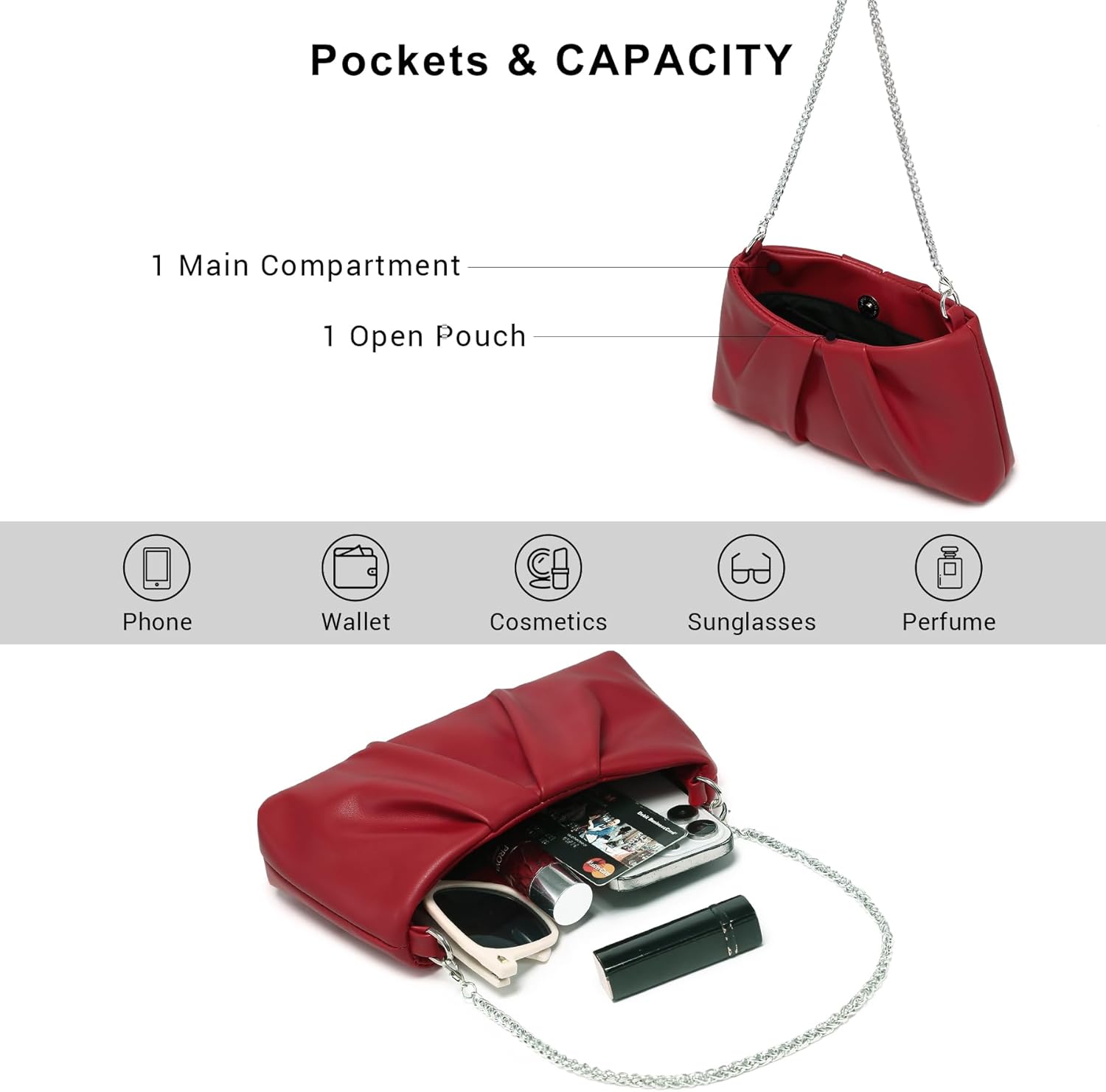 Elegant Pleated Evening Bag Soft Vegan Leather Clutch Purse Dressy Formal Handbag with 2 Chain Straps for Women