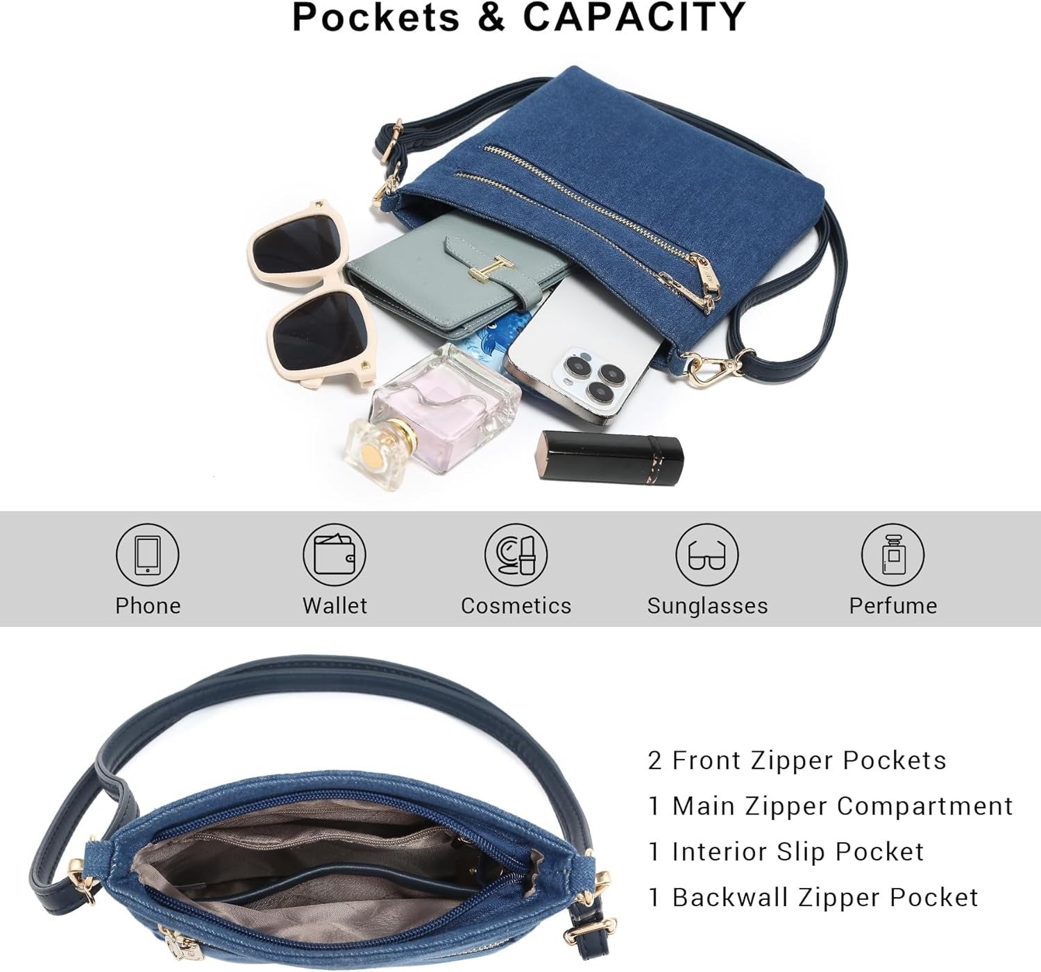 Women Small Crossbody Bag Lightweight Shoulder Purses Multi Zipper Pockets Phone Purse Handbag