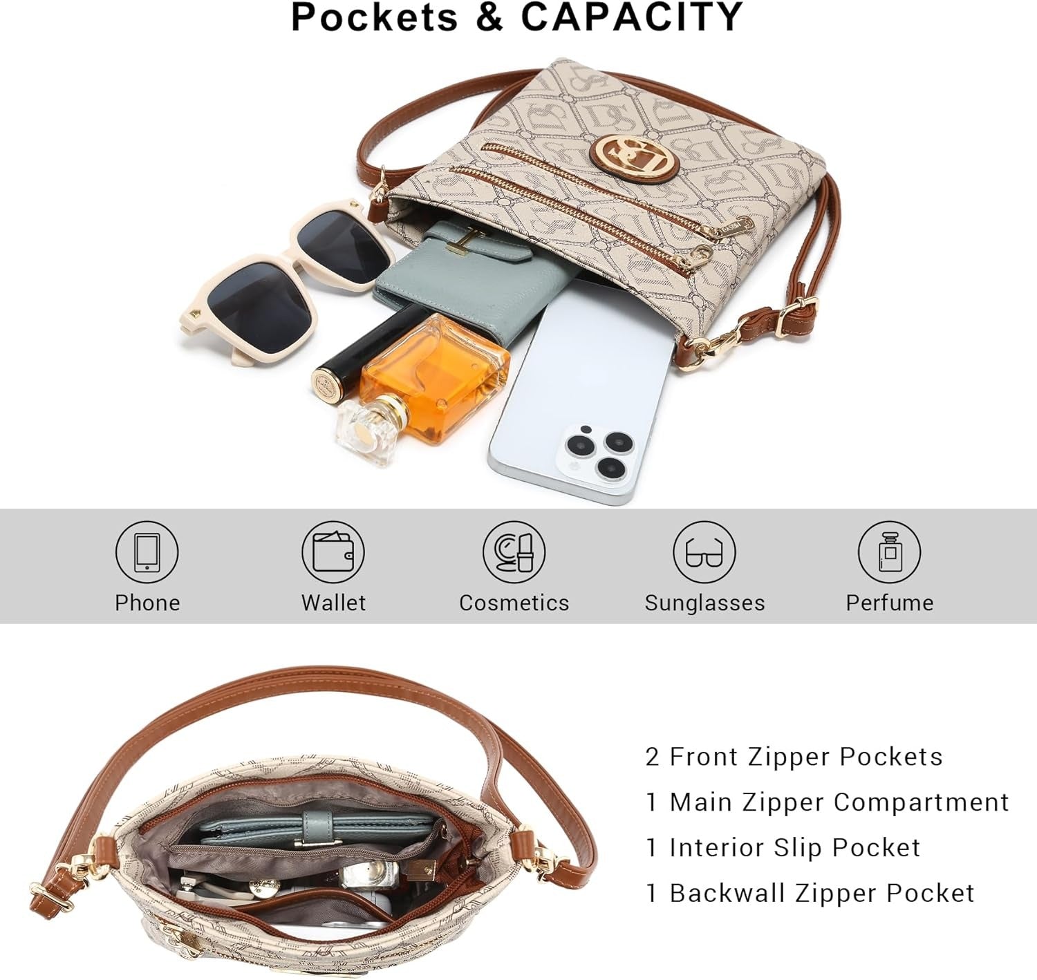 Women Small Crossbody Bag Lightweight Shoulder Purses Multi Zipper Pockets Phone Purse Handbag