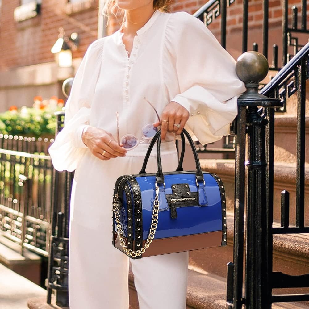Women's Barrel Bag Shiny Patent Faux Leather Handbag with Rivet Decoration Top Handle Satchel Shoulder Purse