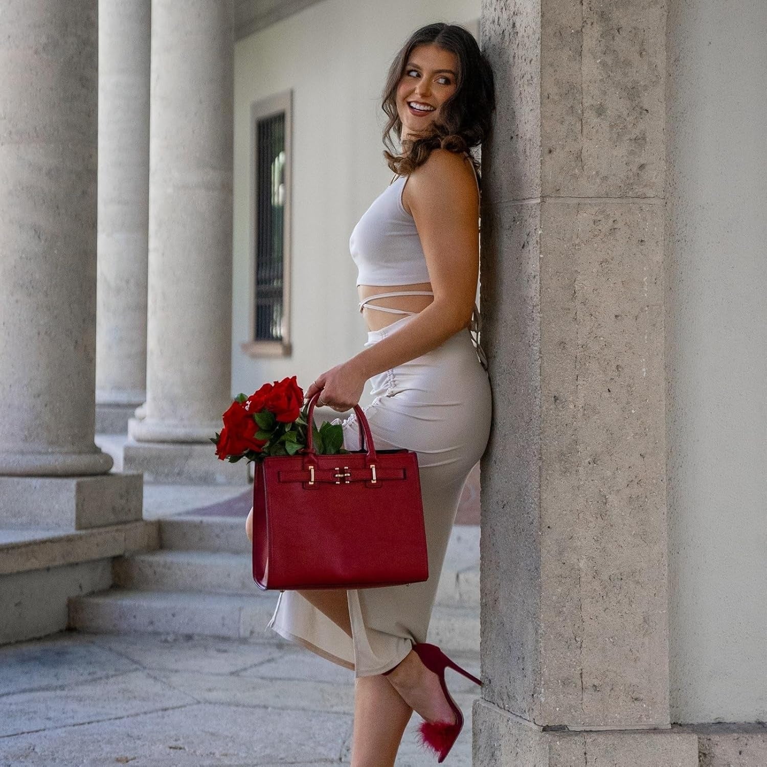 Women Satchel Purses Handbags Belted Top-handle Work Tote Shoulder Bags with Long Strap