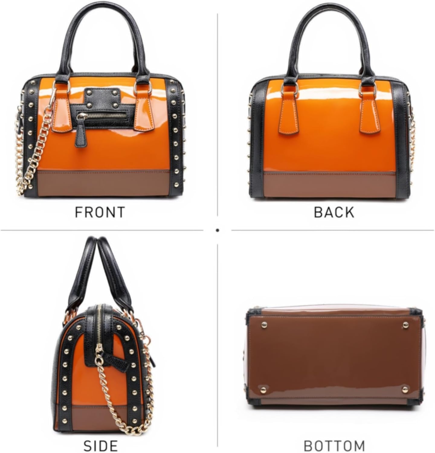 Women's Barrel Bag Shiny Patent Faux Leather Handbag with Rivet Decoration Top Handle Satchel Shoulder Purse