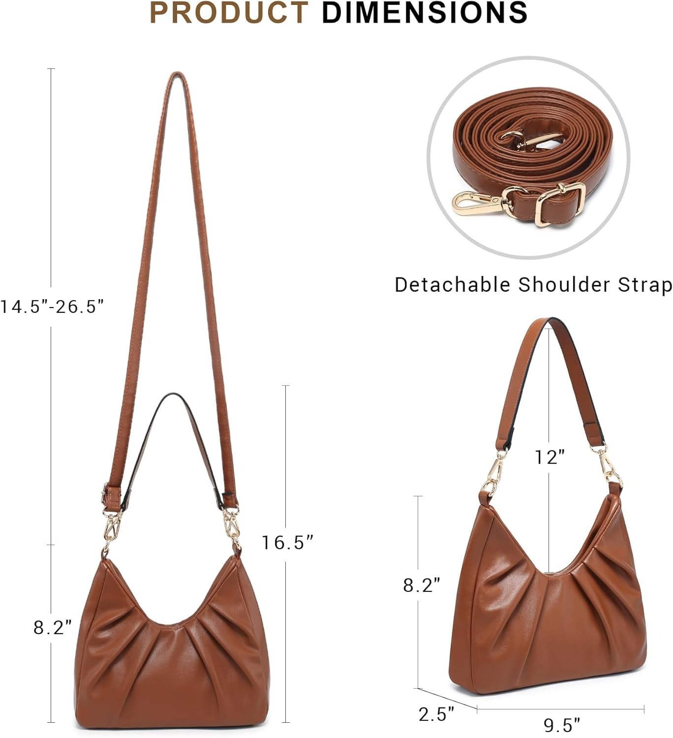 Ruched Hobo Handbag for Women Retro Shoulder Purse Crossbody Bag with 2 Removable Straps
