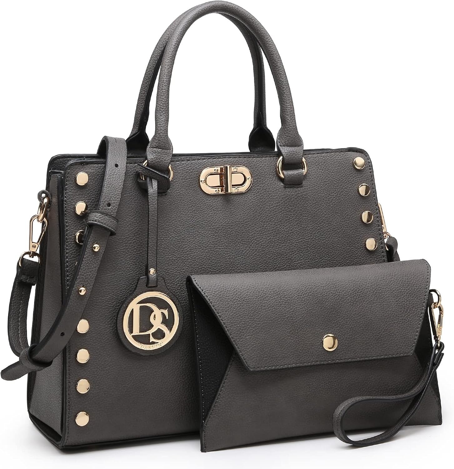 Women Medium Satchel Handbag Work Tote Shoulder Bag Top Handle Purse with Matching Clutch 2pcs Set