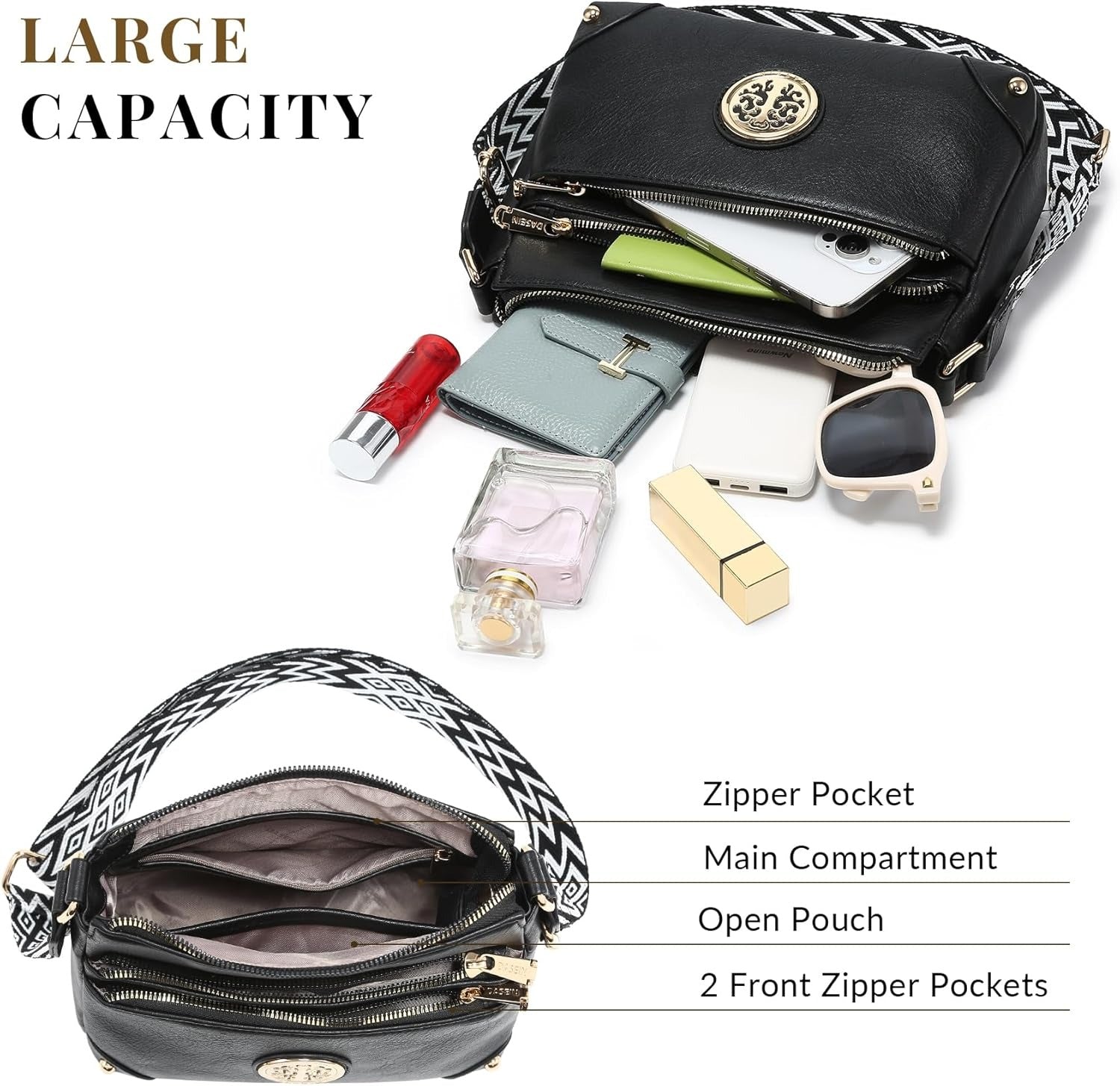 Crossbody Purses for Women Trendy Multi Pockets Shoulder Bag Medium Handbags with Guitar Strap