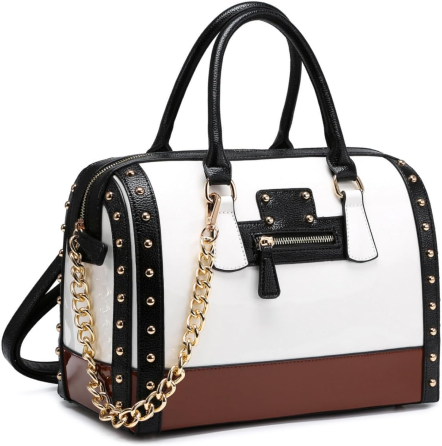 Women's Barrel Bag Shiny Patent Faux Leather Handbag with Rivet Decoration Top Handle Satchel Shoulder Purse