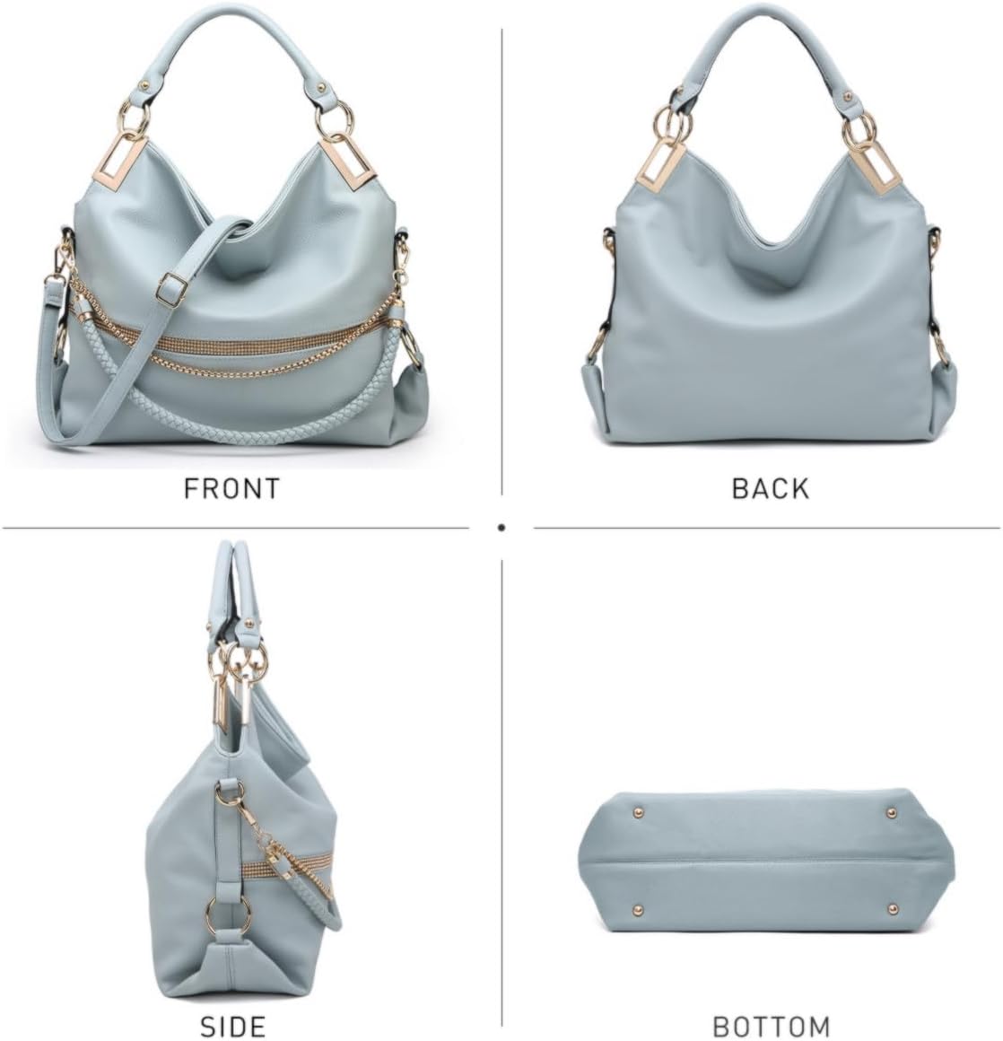 Women's Large Hobo Bag with Rhinestone Accents Vegan Leather Tote Purse Shoulder Handbag for Ladies