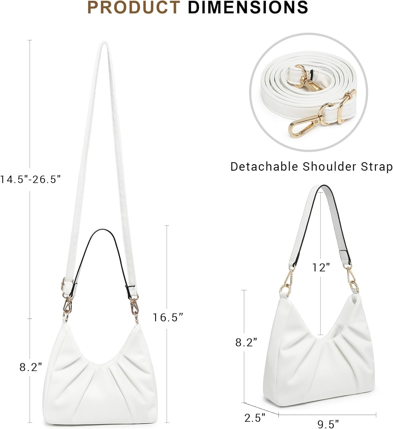 Ruched Hobo Handbag for Women Retro Shoulder Purse Crossbody Bag with 2 Removable Straps