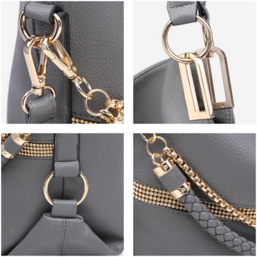 Women's Large Hobo Bag with Rhinestone Accents Vegan Leather Tote Purse Shoulder Handbag for Ladies