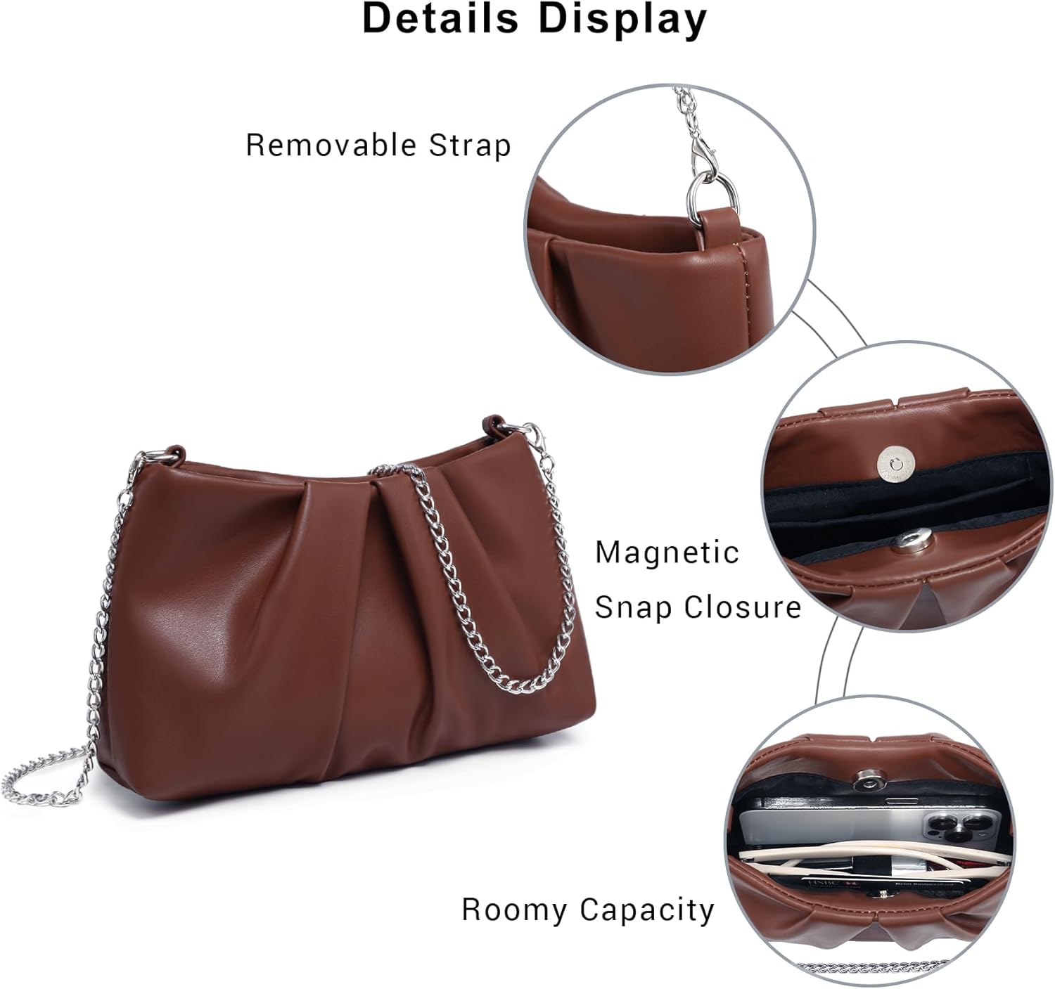 Elegant Pleated Evening Bag Soft Vegan Leather Clutch Purse Dressy Formal Handbag with 2 Chain Straps for Women