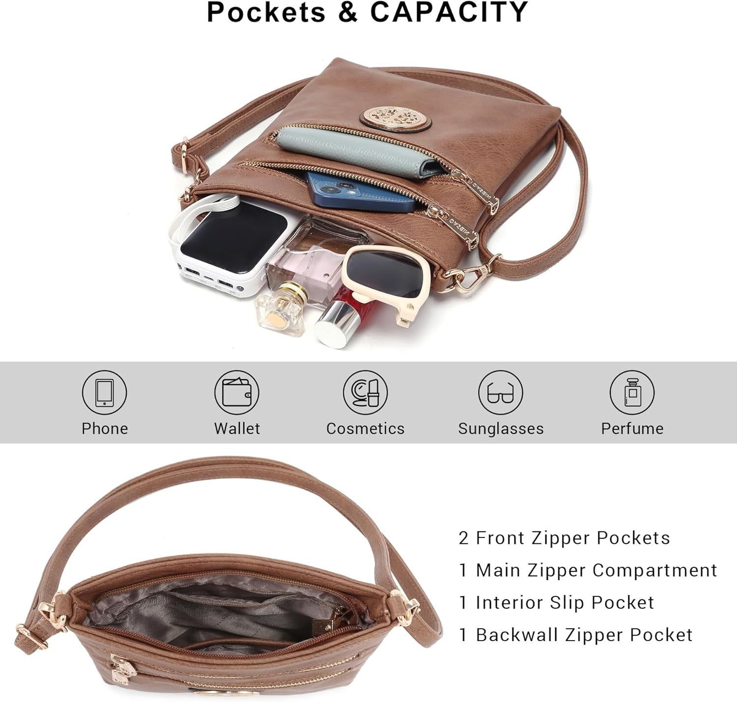 Women Small Crossbody Bag Lightweight Shoulder Purses Multi Zipper Pockets Phone Purse Handbag