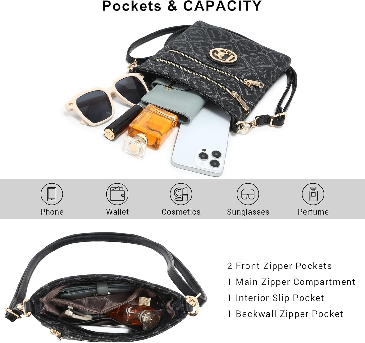 Women Small Crossbody Bag Lightweight Shoulder Purses Multi Zipper Pockets Phone Purse Handbag