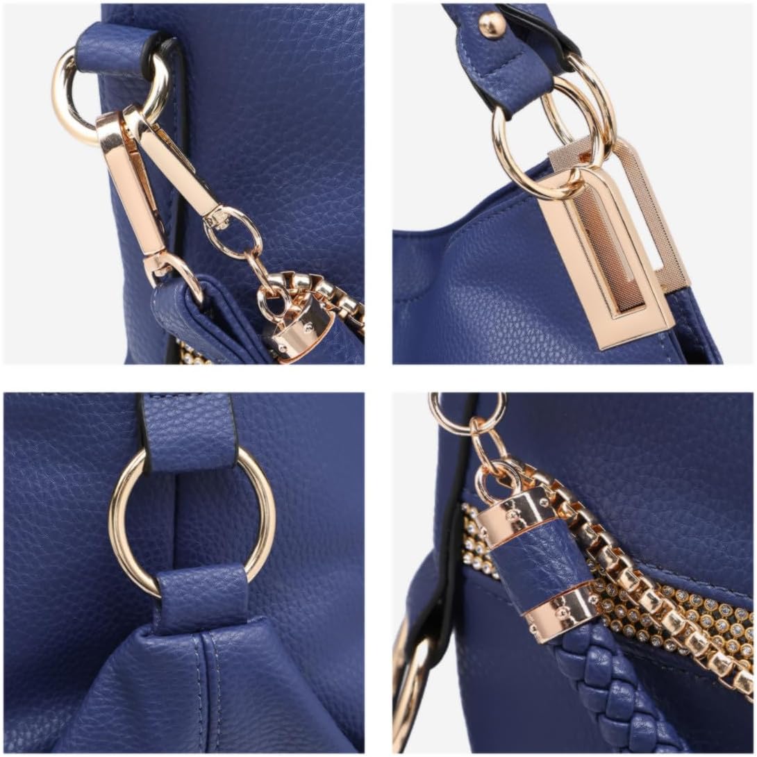 Women's Large Hobo Bag with Rhinestone Accents Vegan Leather Tote Purse Shoulder Handbag for Ladies