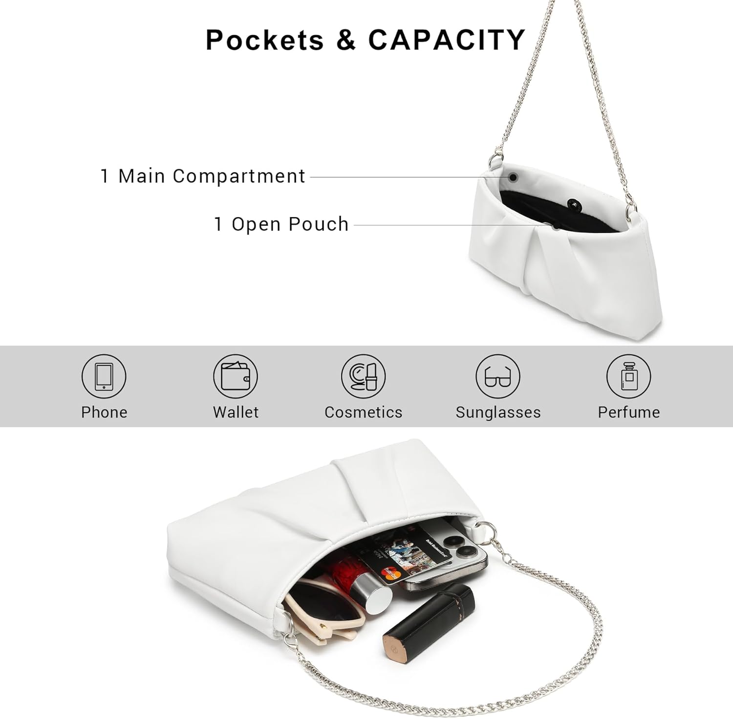 Elegant Pleated Evening Bag Soft Vegan Leather Clutch Purse Dressy Formal Handbag with 2 Chain Straps for Women