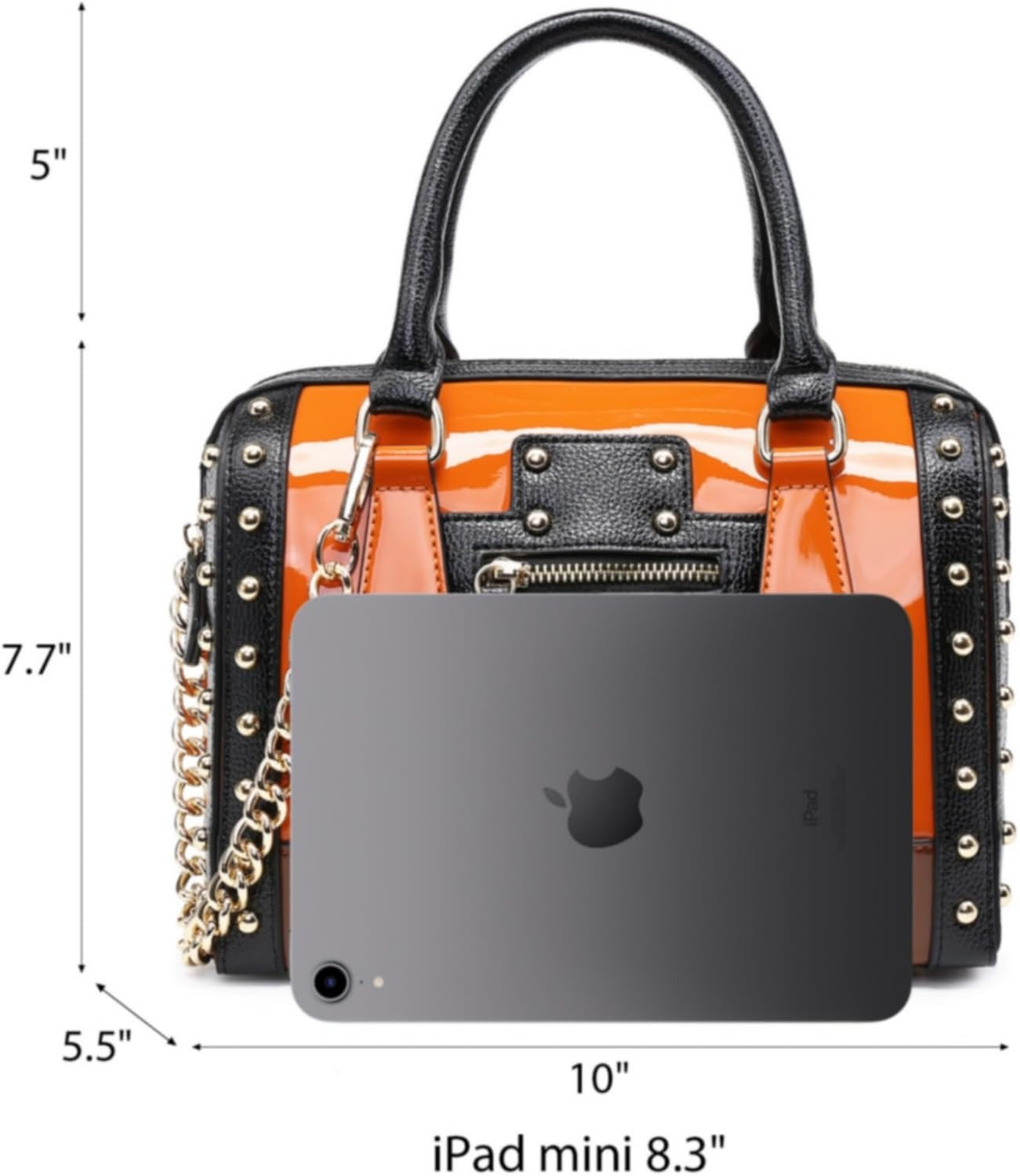 Women's Barrel Bag Shiny Patent Faux Leather Handbag with Rivet Decoration Top Handle Satchel Shoulder Purse