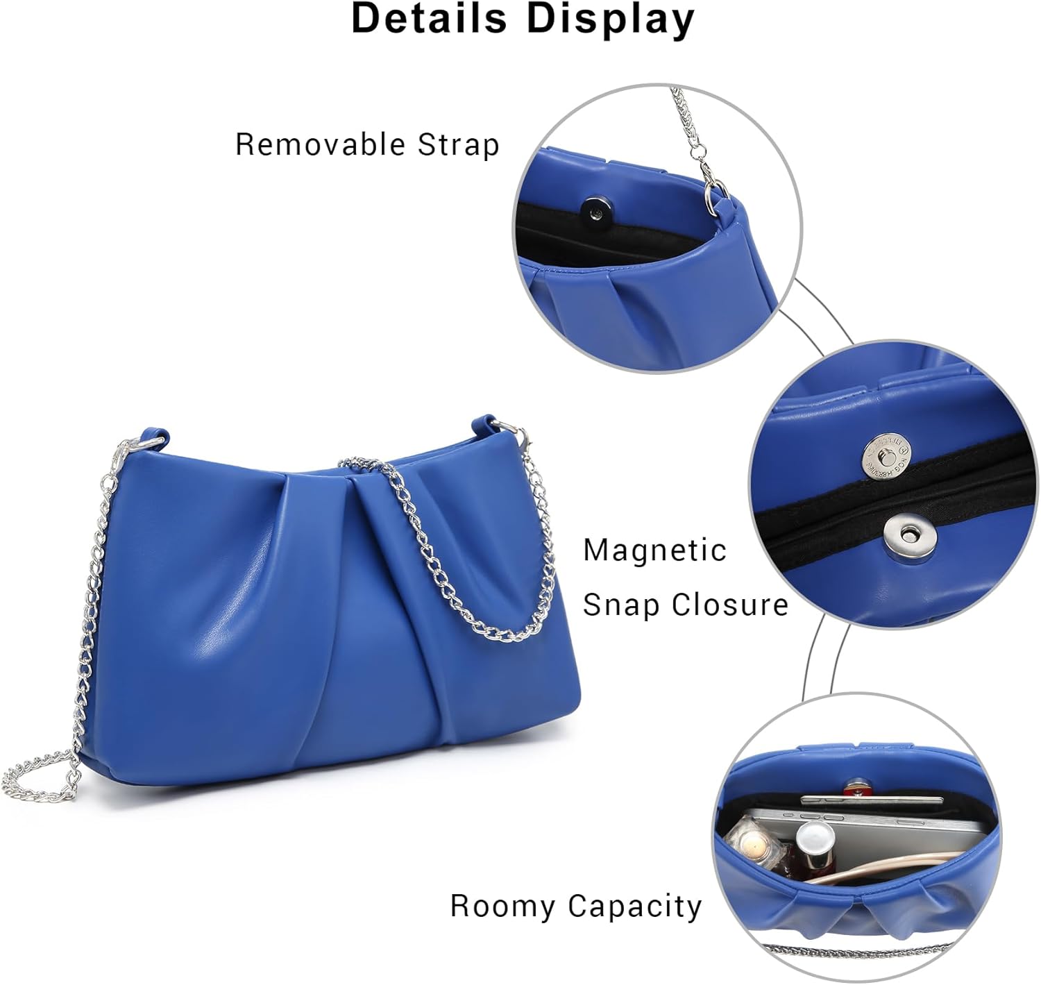 Elegant Pleated Evening Bag Soft Vegan Leather Clutch Purse Dressy Formal Handbag with 2 Chain Straps for Women