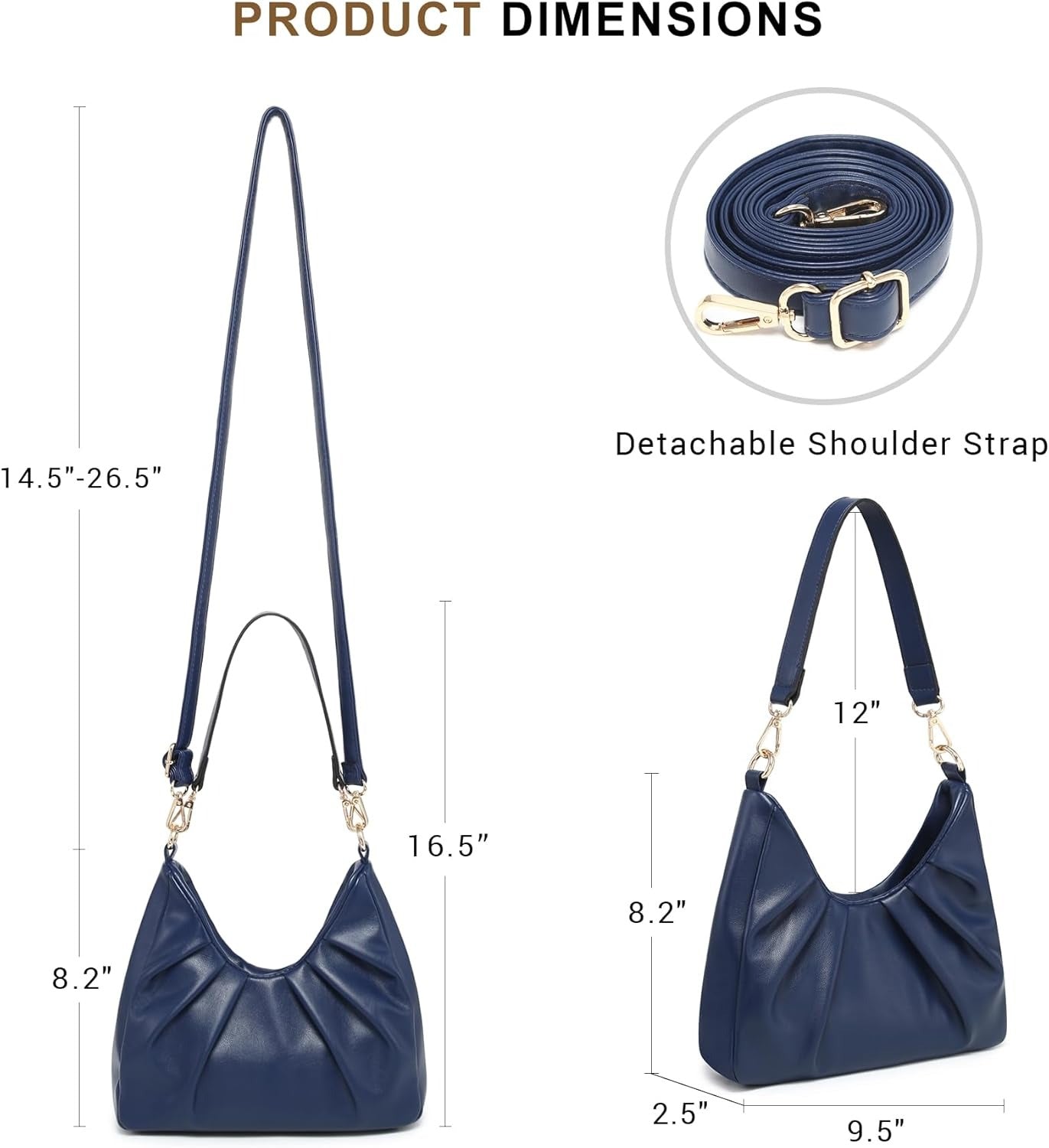 Ruched Hobo Handbag for Women Retro Shoulder Purse Crossbody Bag with 2 Removable Straps