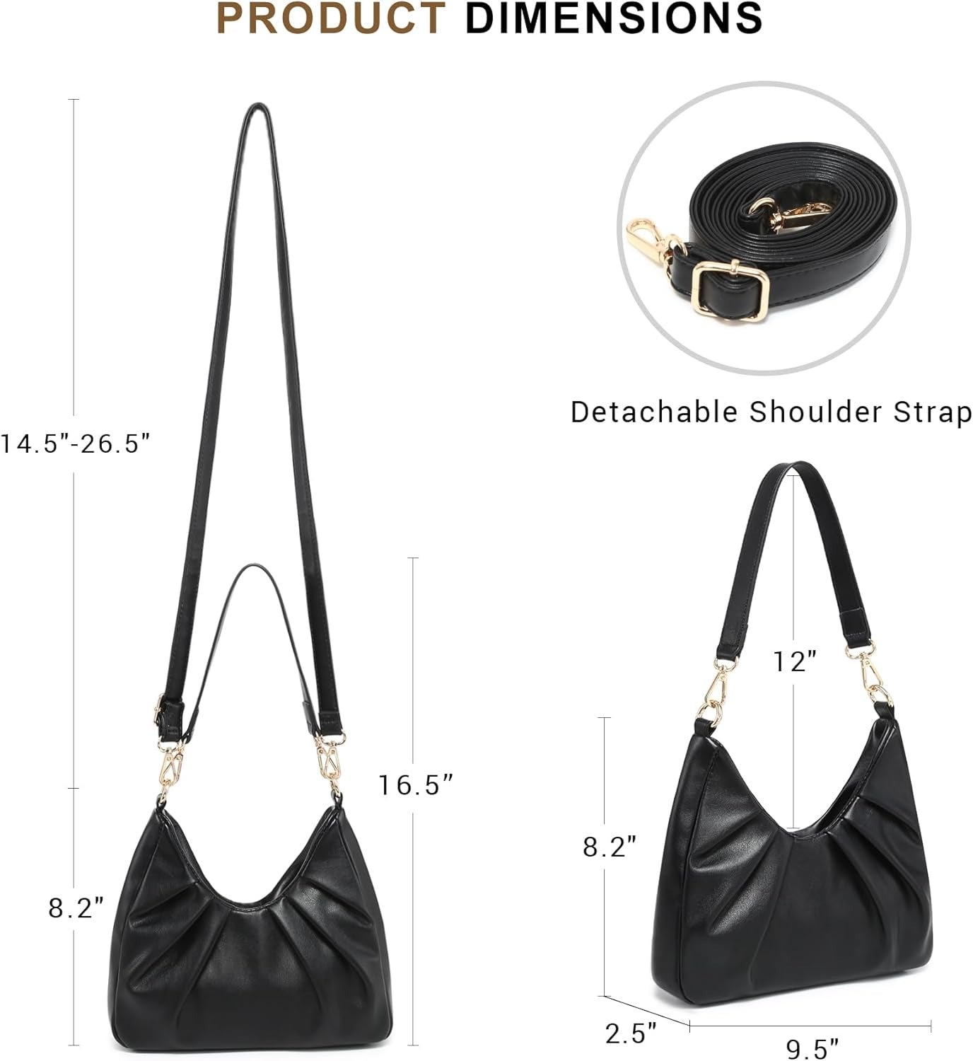 Ruched Hobo Handbag for Women Retro Shoulder Purse Crossbody Bag with 2 Removable Straps