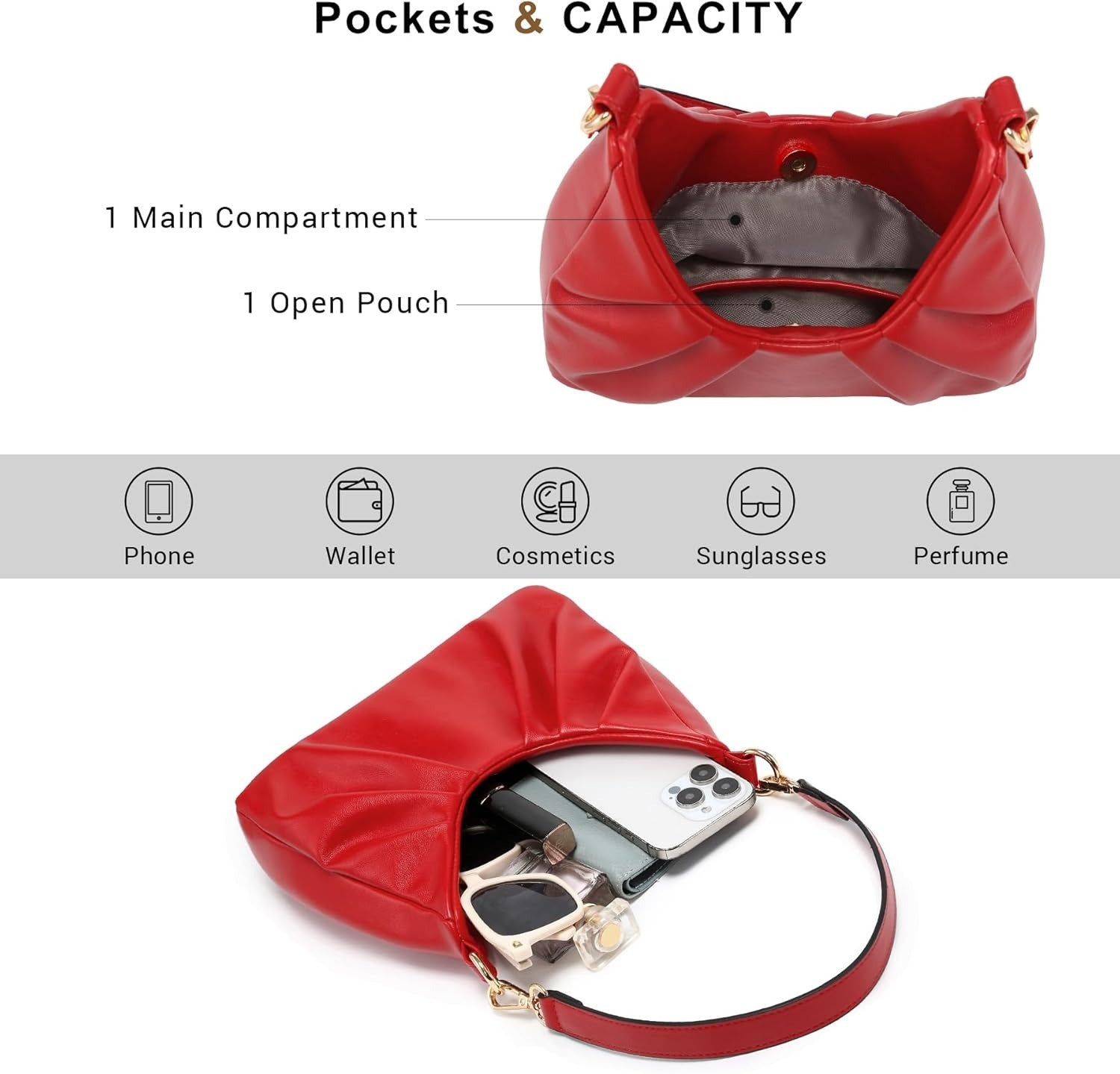 Ruched Hobo Handbag for Women Retro Shoulder Purse Crossbody Bag with 2 Removable Straps