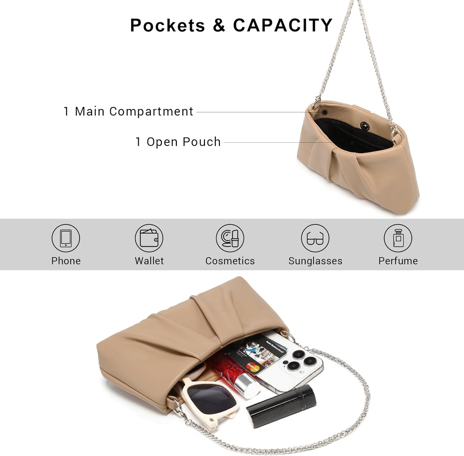 Elegant Pleated Evening Bag Soft Vegan Leather Clutch Purse Dressy Formal Handbag with 2 Chain Straps for Women