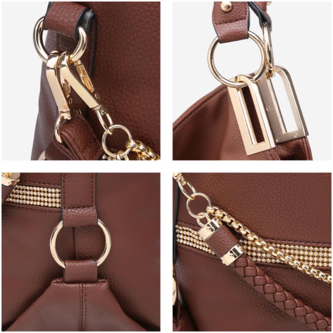 Women's Large Hobo Bag with Rhinestone Accents Vegan Leather Tote Purse Shoulder Handbag for Ladies