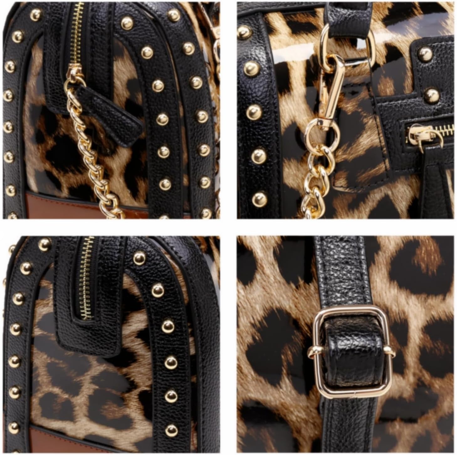 Women's Barrel Bag Shiny Patent Faux Leather Handbag with Rivet Decoration Top Handle Satchel Shoulder Purse