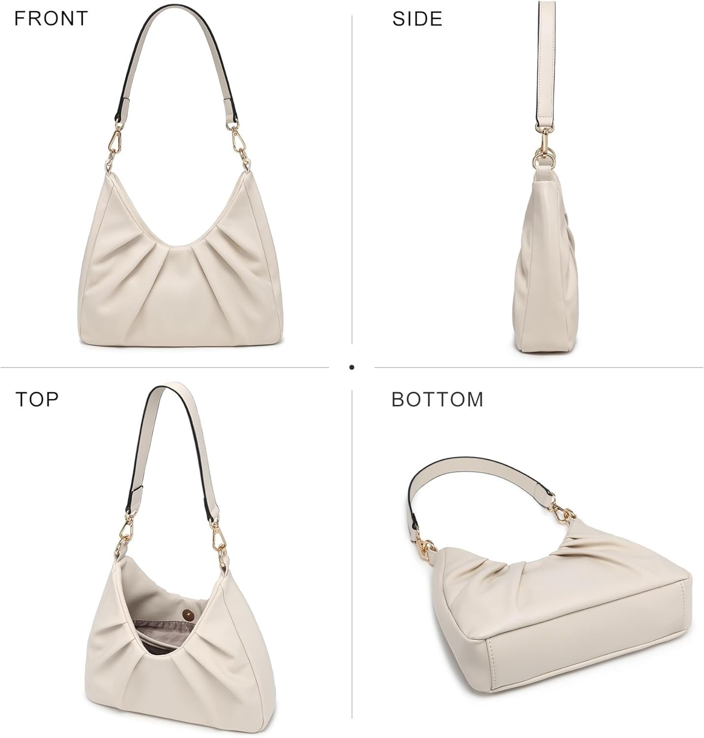 Ruched Hobo Handbag for Women Retro Shoulder Purse Crossbody Bag with 2 Removable Straps