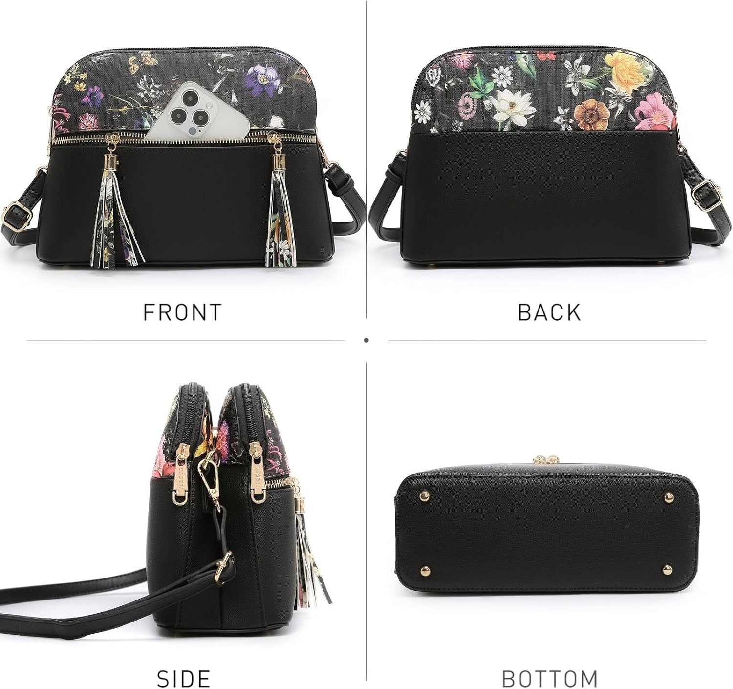 Women Tassel Zipper Pocket Crossbody Bag Shoulder Purse with Multi Pockets