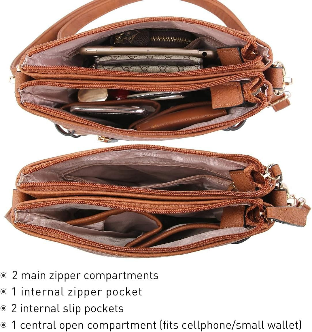 Women Lightweight Shoulder Purse Soft PU Leather Crossbody Bag Multi Pocket Travel Purses with Double Zipper
