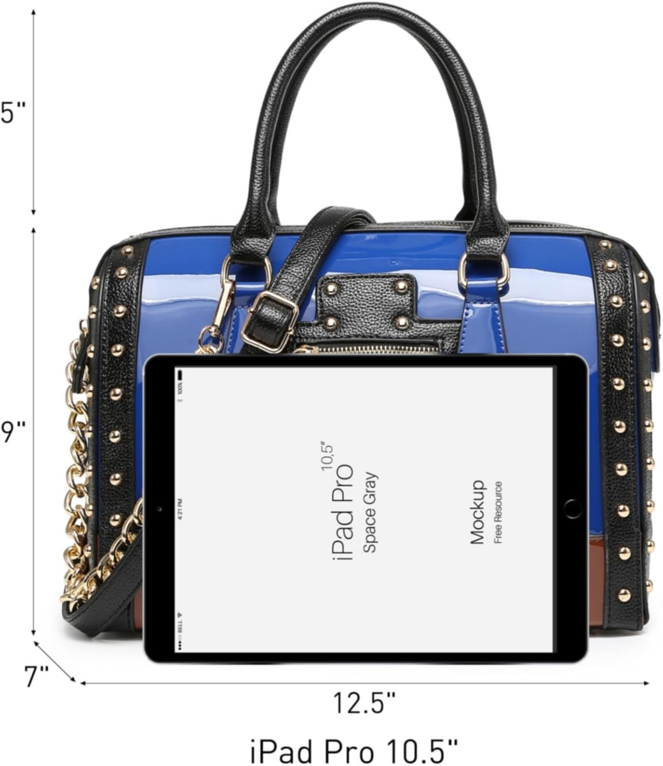 Women's Barrel Bag Shiny Patent Faux Leather Handbag with Rivet Decoration Top Handle Satchel Shoulder Purse