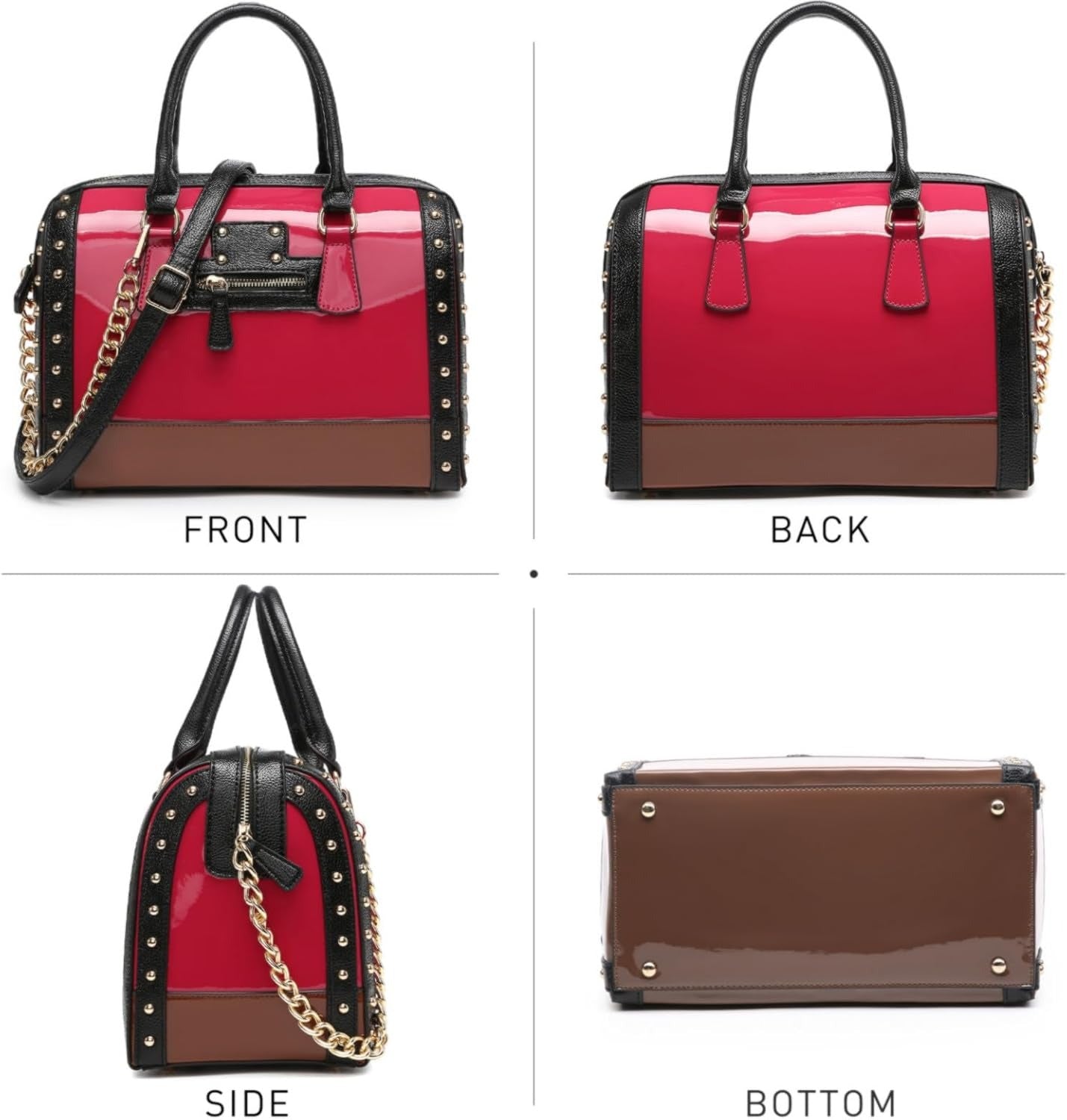 Women's Barrel Bag Shiny Patent Faux Leather Handbag with Rivet Decoration Top Handle Satchel Shoulder Purse