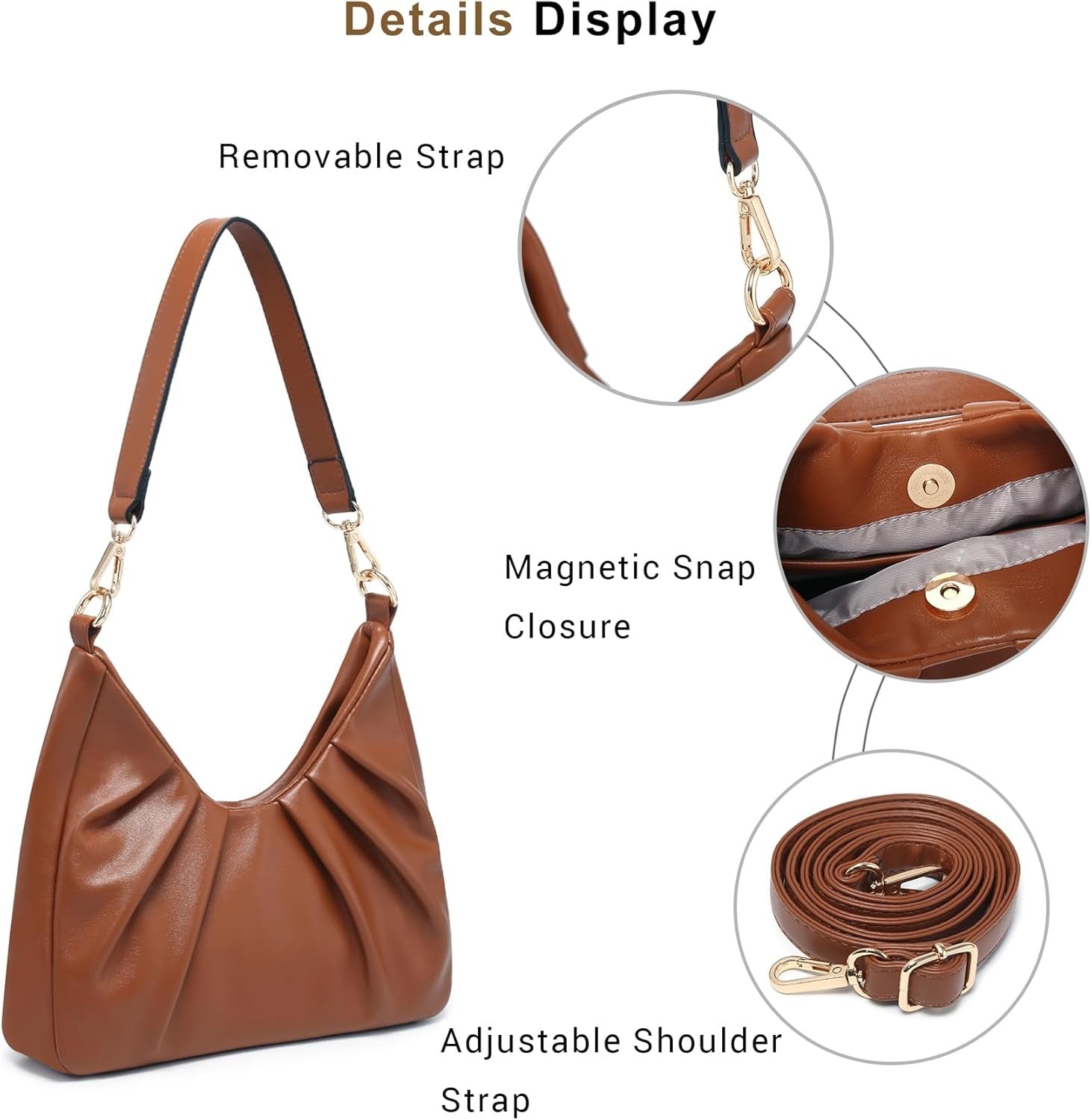 Ruched Hobo Handbag for Women Retro Shoulder Purse Crossbody Bag with 2 Removable Straps