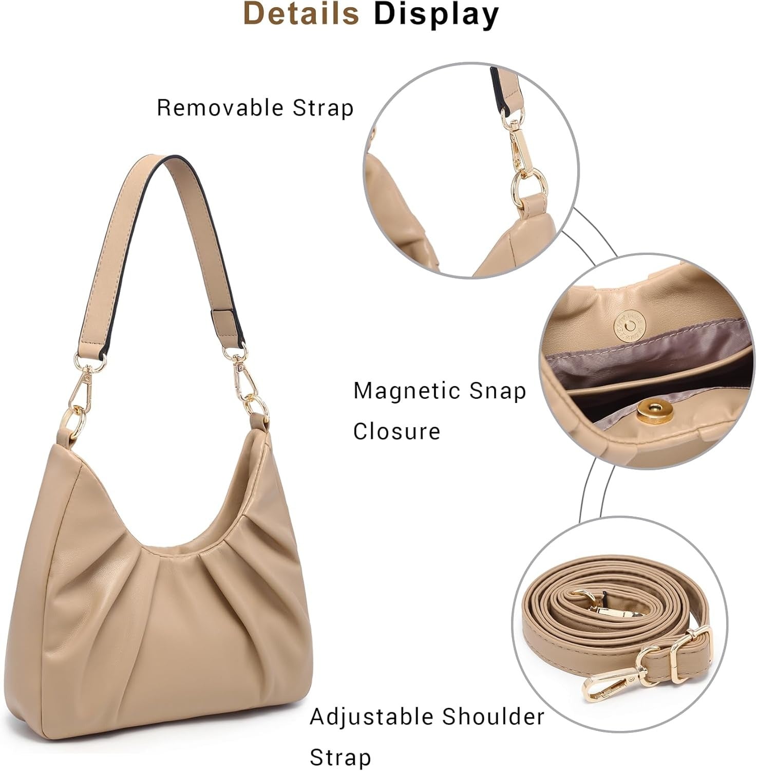 Ruched Hobo Handbag for Women Retro Shoulder Purse Crossbody Bag with 2 Removable Straps