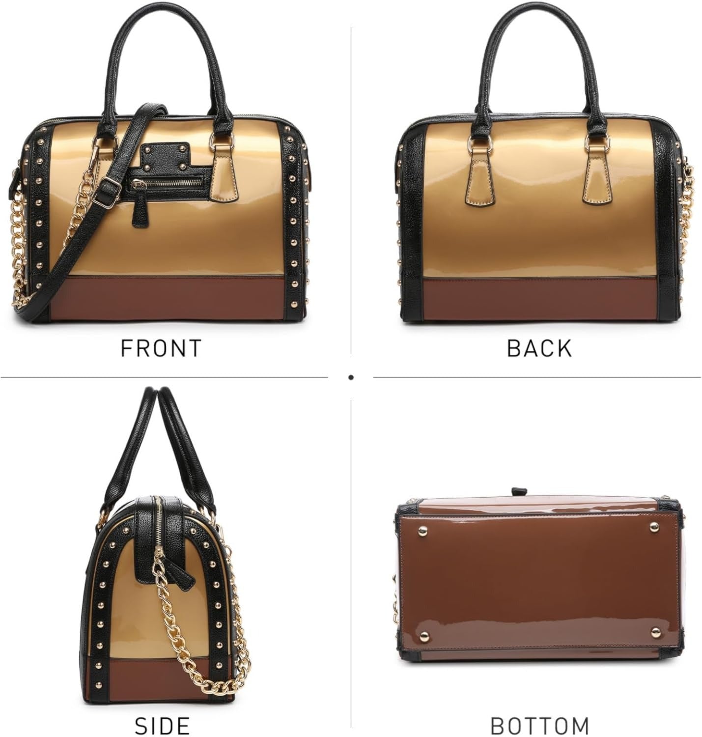 Women's Barrel Bag Shiny Patent Faux Leather Handbag with Rivet Decoration Top Handle Satchel Shoulder Purse