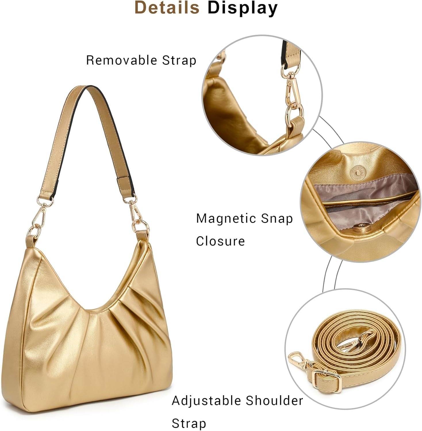 Ruched Hobo Handbag for Women Retro Shoulder Purse Crossbody Bag with 2 Removable Straps