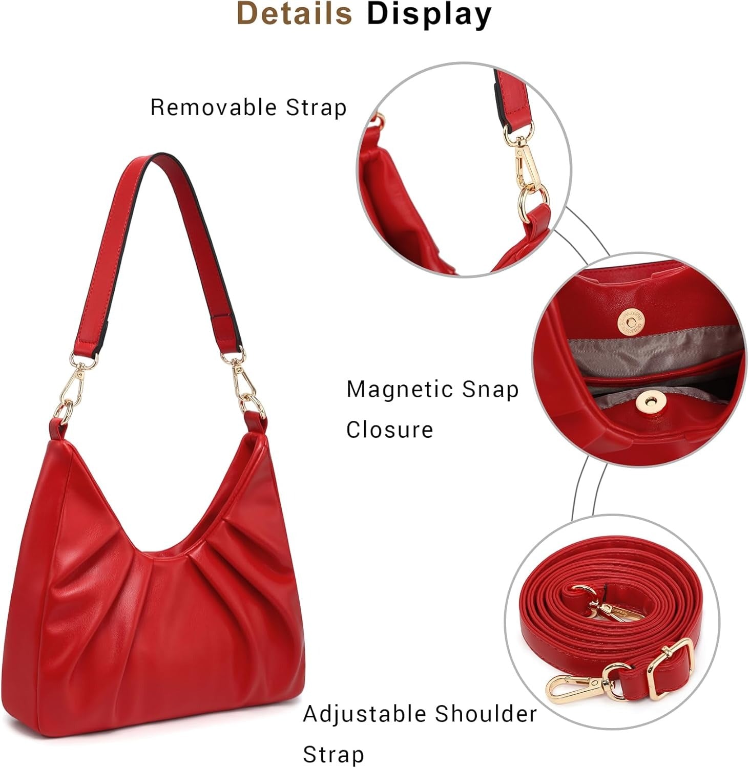 Ruched Hobo Handbag for Women Retro Shoulder Purse Crossbody Bag with 2 Removable Straps