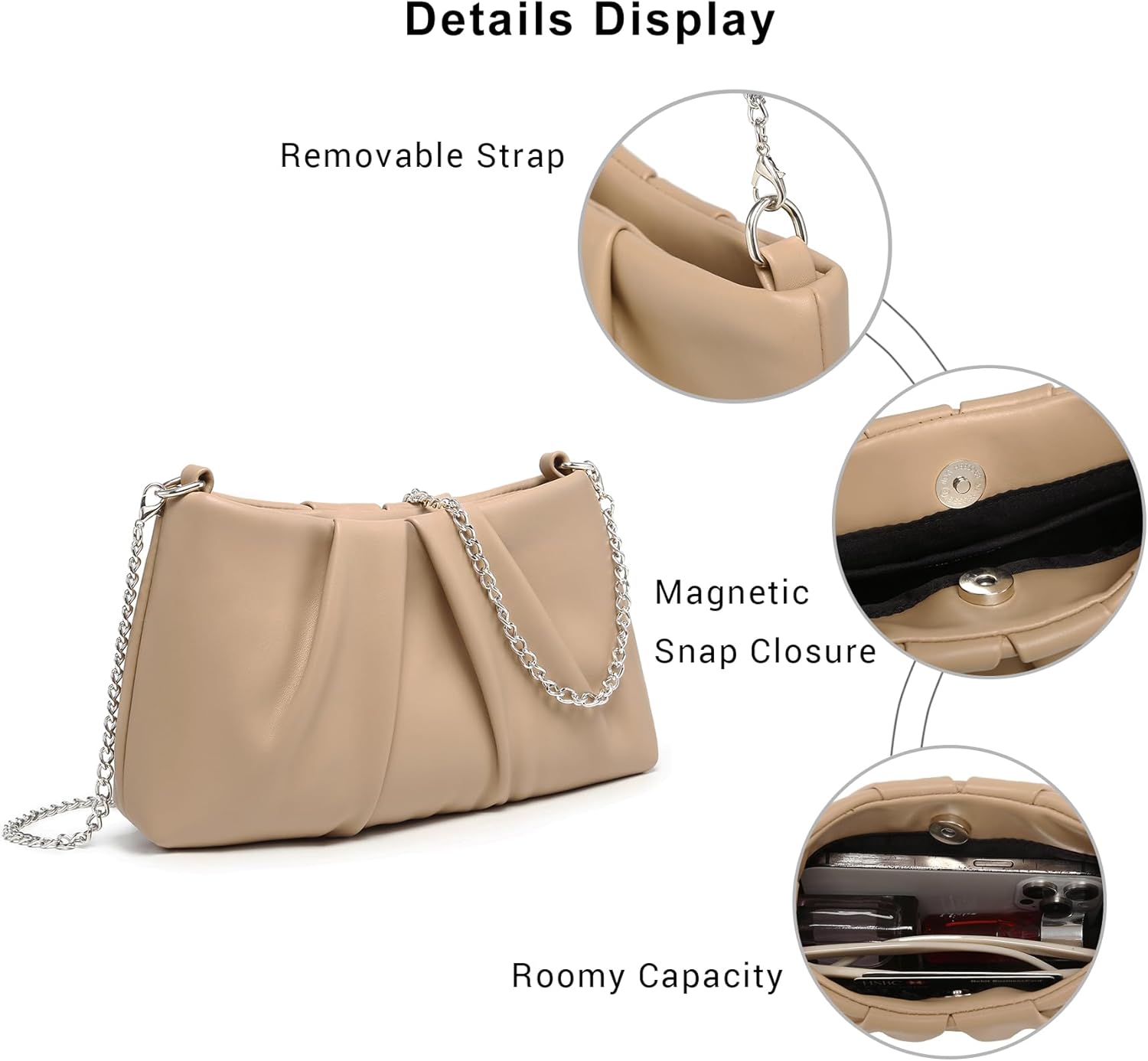 Elegant Pleated Evening Bag Soft Vegan Leather Clutch Purse Dressy Formal Handbag with 2 Chain Straps for Women