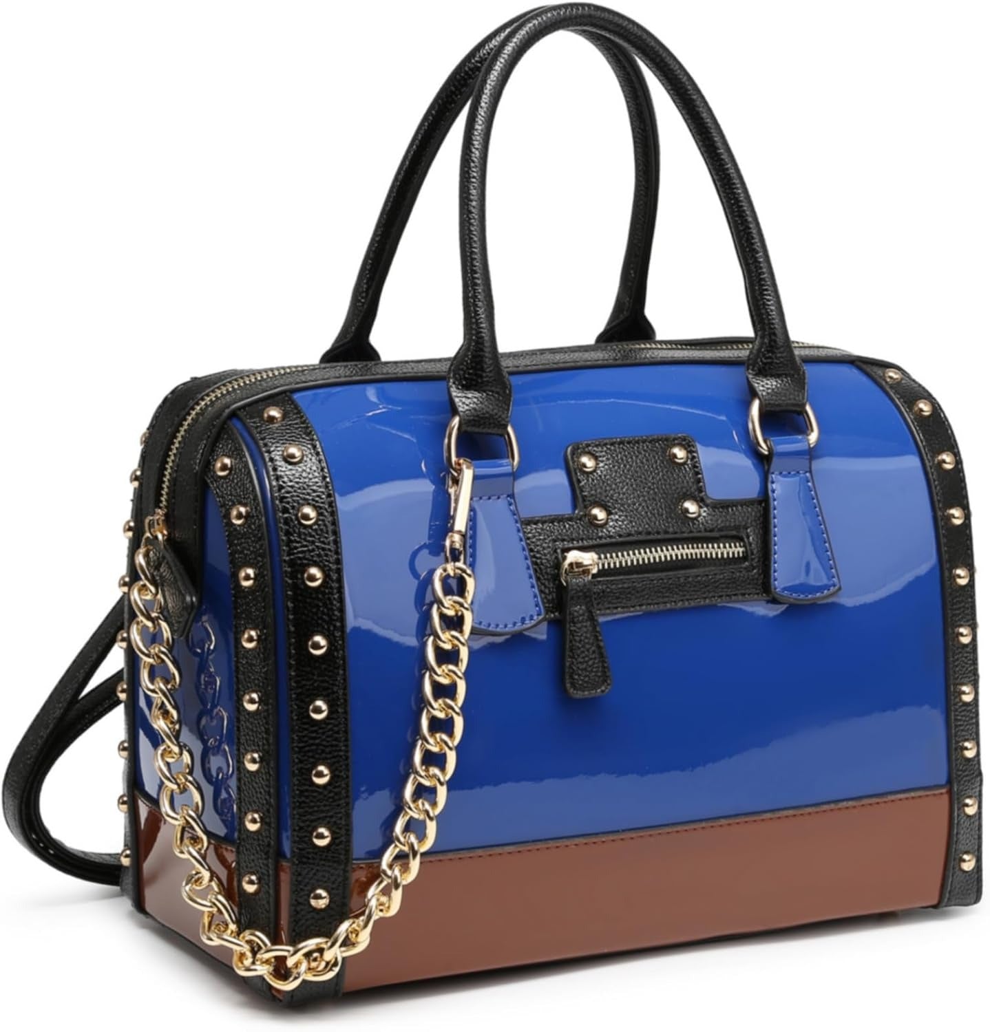 Women's Barrel Bag Shiny Patent Faux Leather Handbag with Rivet Decoration Top Handle Satchel Shoulder Purse