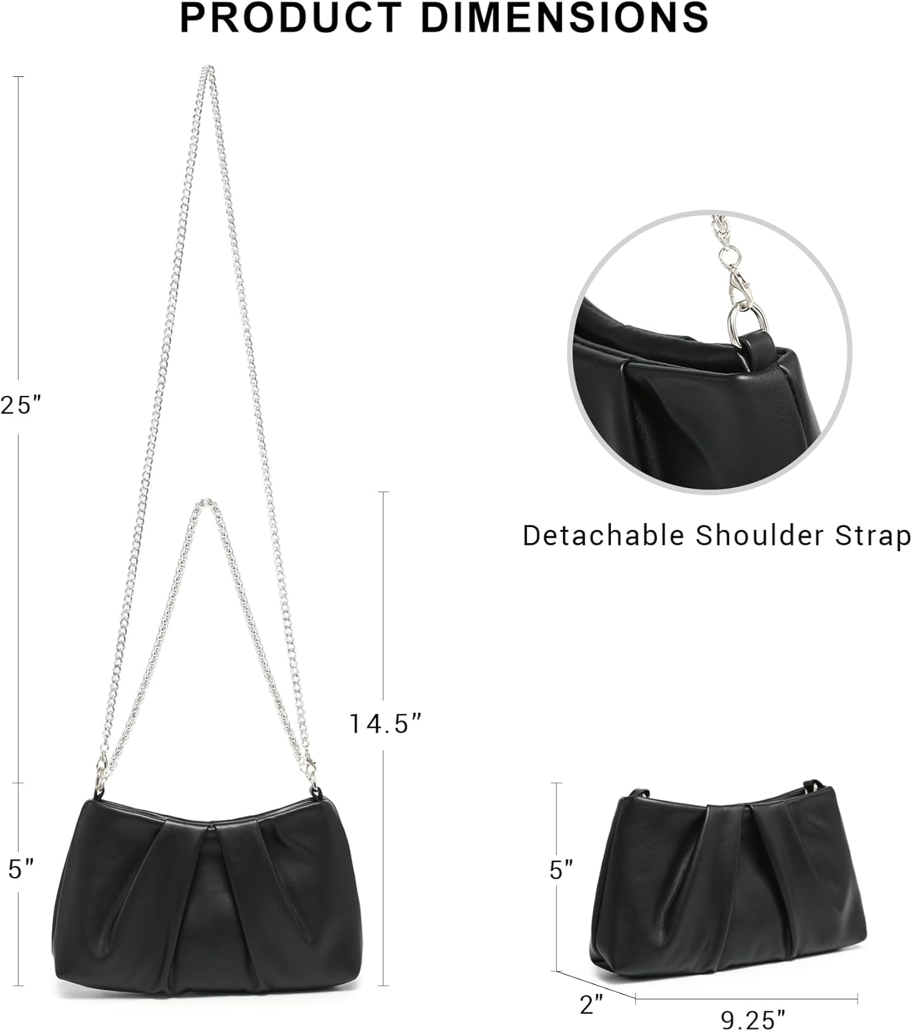 Elegant Pleated Evening Bag Soft Vegan Leather Clutch Purse Dressy Formal Handbag with 2 Chain Straps for Women