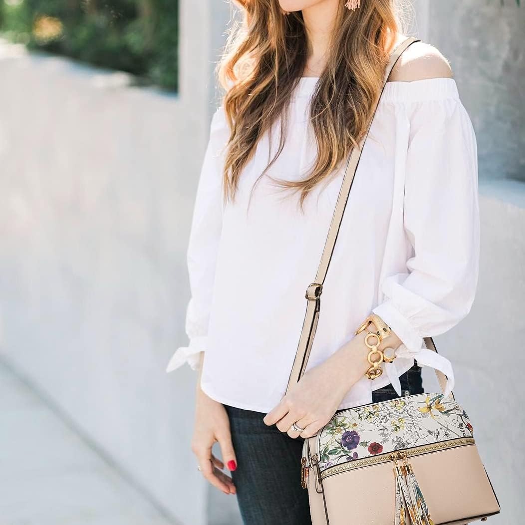 Women Tassel Zipper Pocket Crossbody Bag Shoulder Purse with Multi Pockets