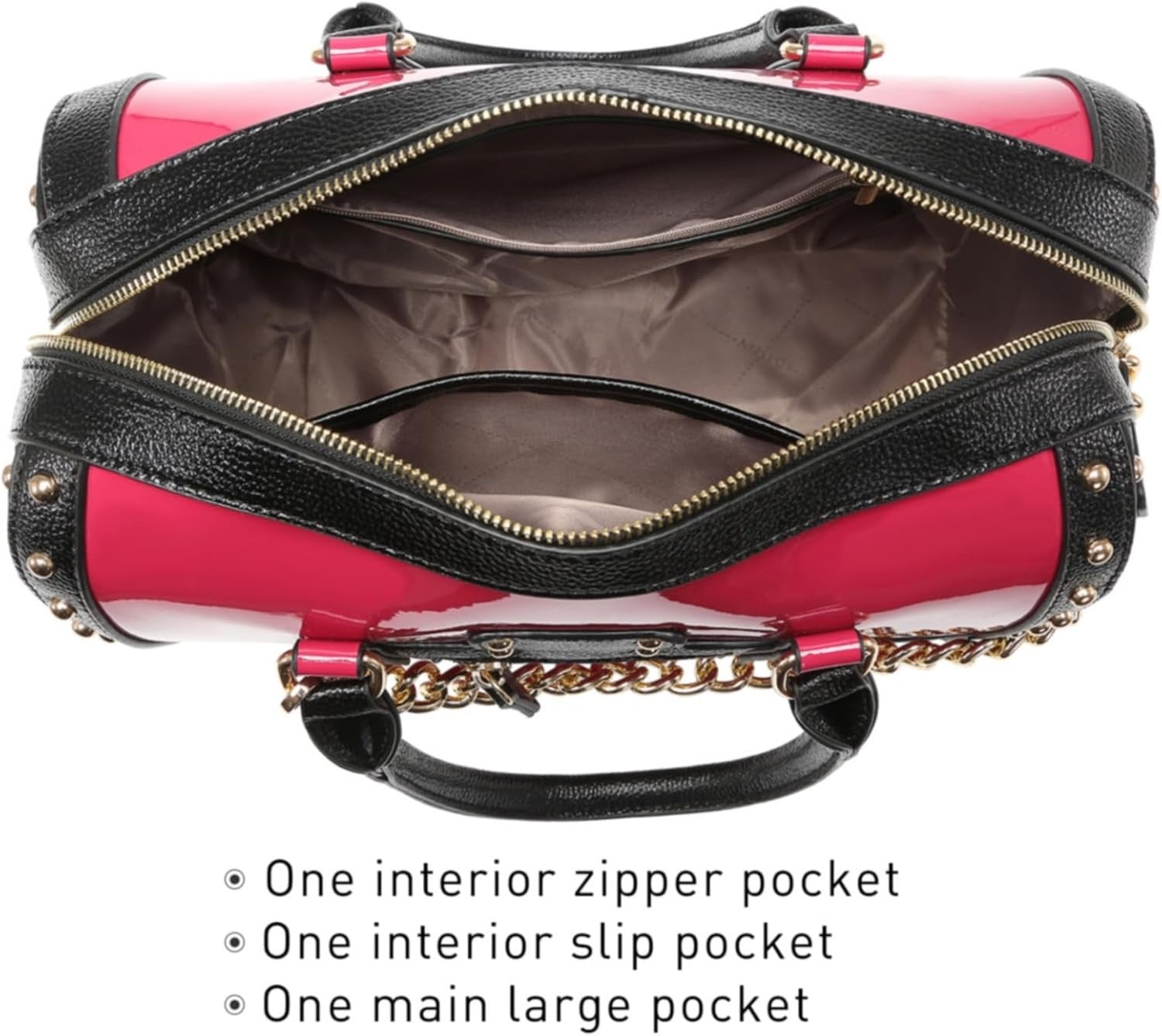 Women's Barrel Bag Shiny Patent Faux Leather Handbag with Rivet Decoration Top Handle Satchel Shoulder Purse