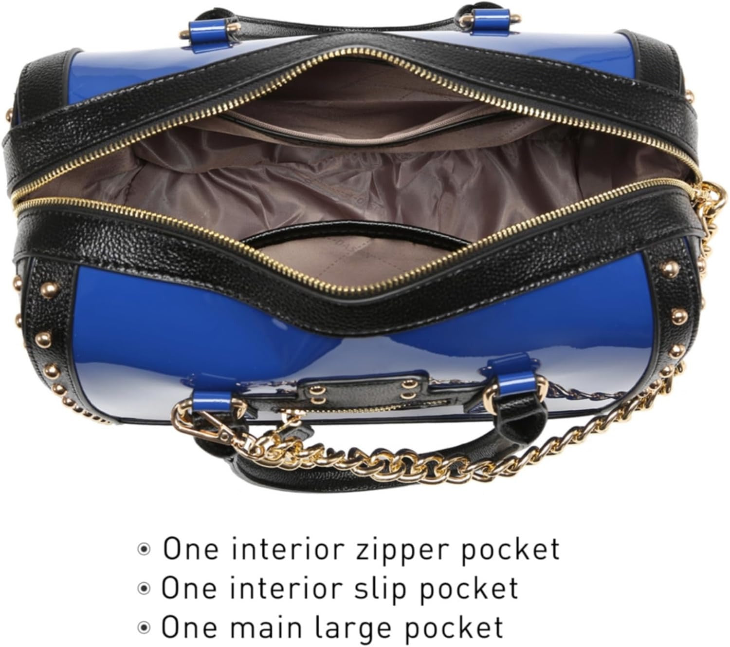 Women's Barrel Bag Shiny Patent Faux Leather Handbag with Rivet Decoration Top Handle Satchel Shoulder Purse