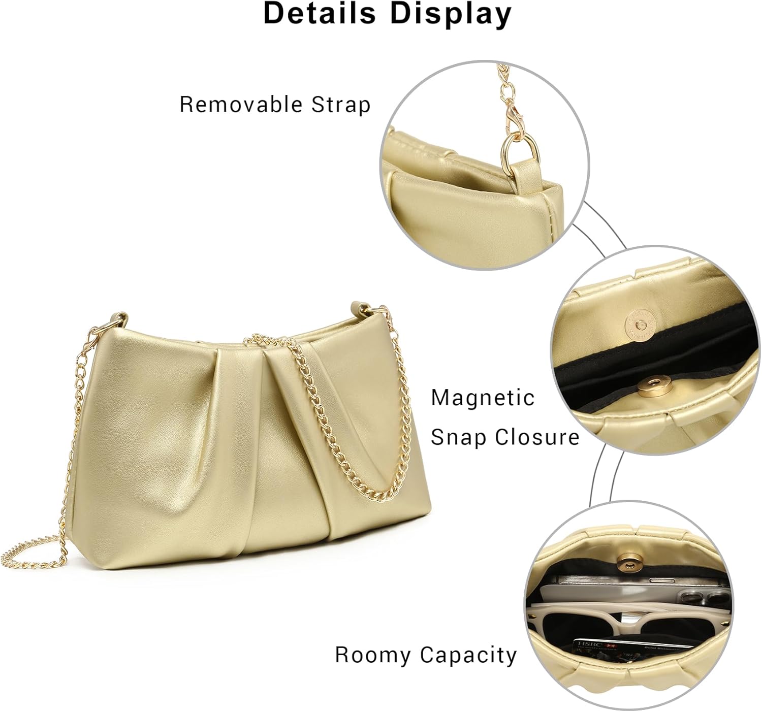 Elegant Pleated Evening Bag Soft Vegan Leather Clutch Purse Dressy Formal Handbag with 2 Chain Straps for Women